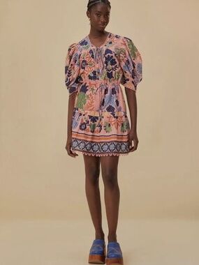 EUC FARM Rio Floral Pink Floral Tie-Front Puff Sleeve Dress Med